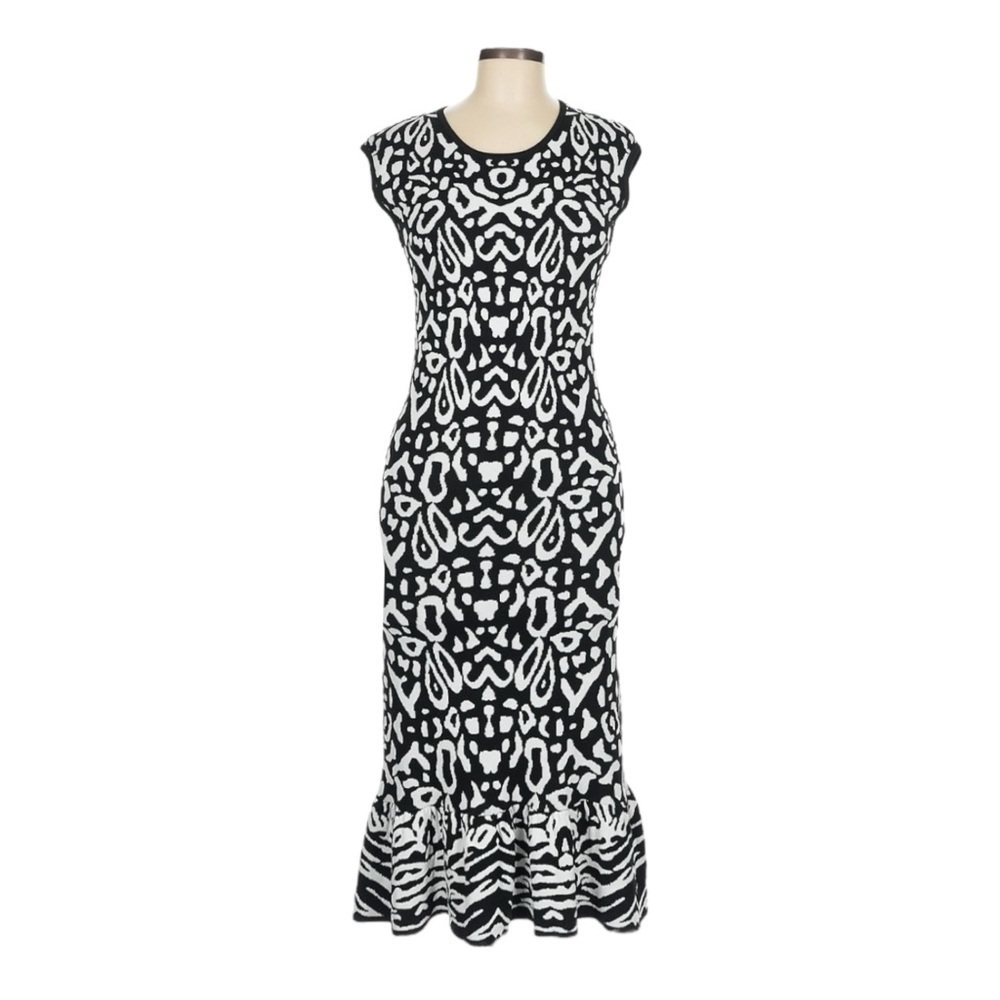 Felicity & Coco Abstract Animal Print Knit Bodycon Midi Dress L Stretch
